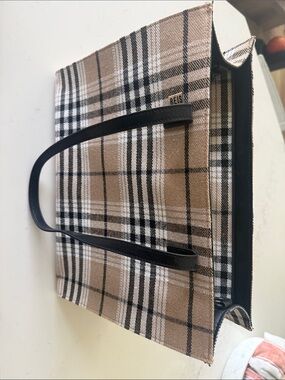 BEIS Beige Plaid Canvas Tote with Black Straps